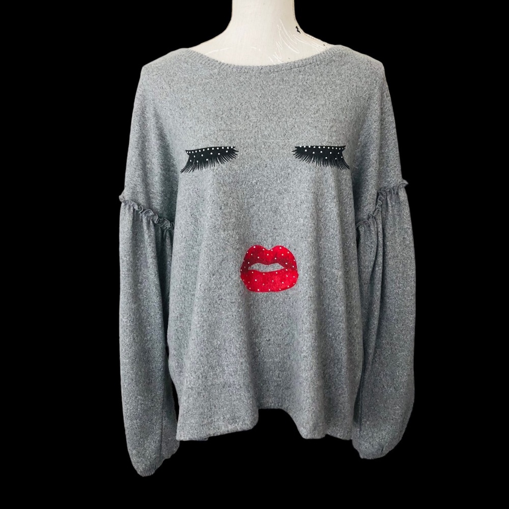LOVE + LUXE Heather Gray Eyelashes Lips Face Long Sleeves Sweater XL